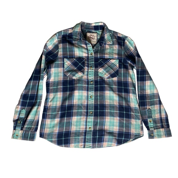 So Brand Women's Flannel Button-Up Shirt Size Medium Turquoise Blue White Plaid - Picture 1 of 7